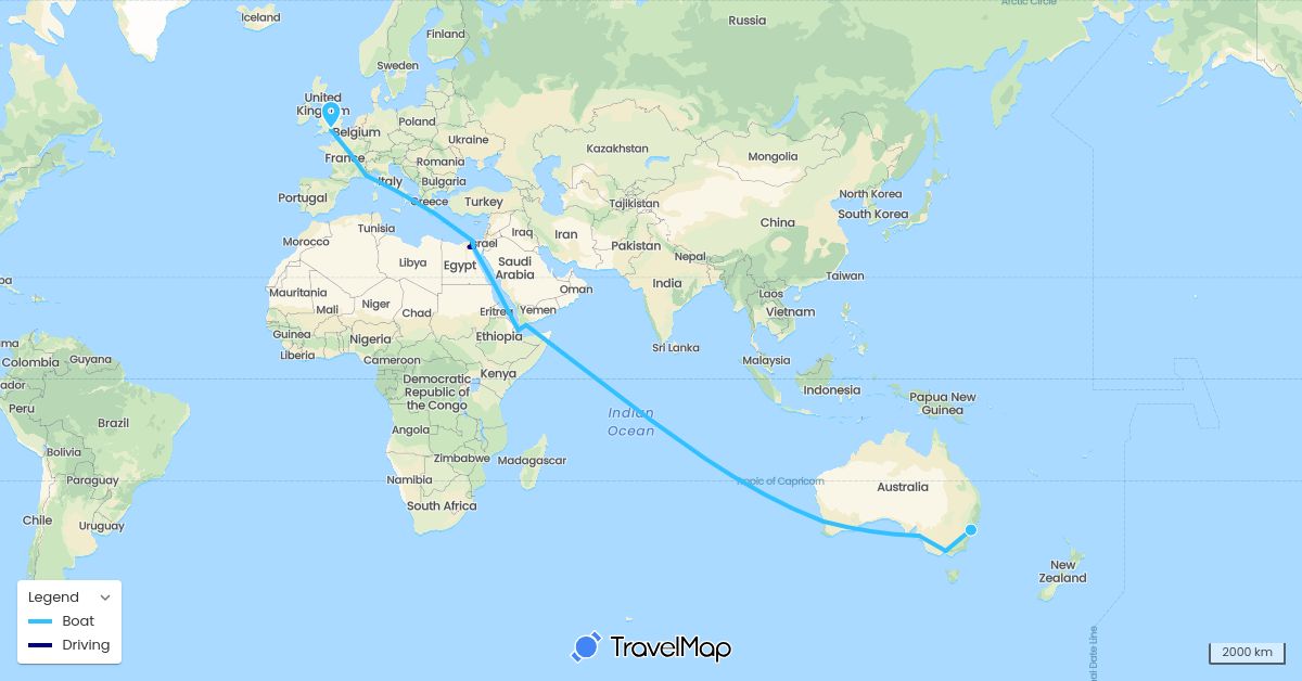 TravelMap itinerary: driving, boat in Australia, Djibouti, Egypt, France, United Kingdom, Italy, Yemen (Africa, Asia, Europe, Oceania)